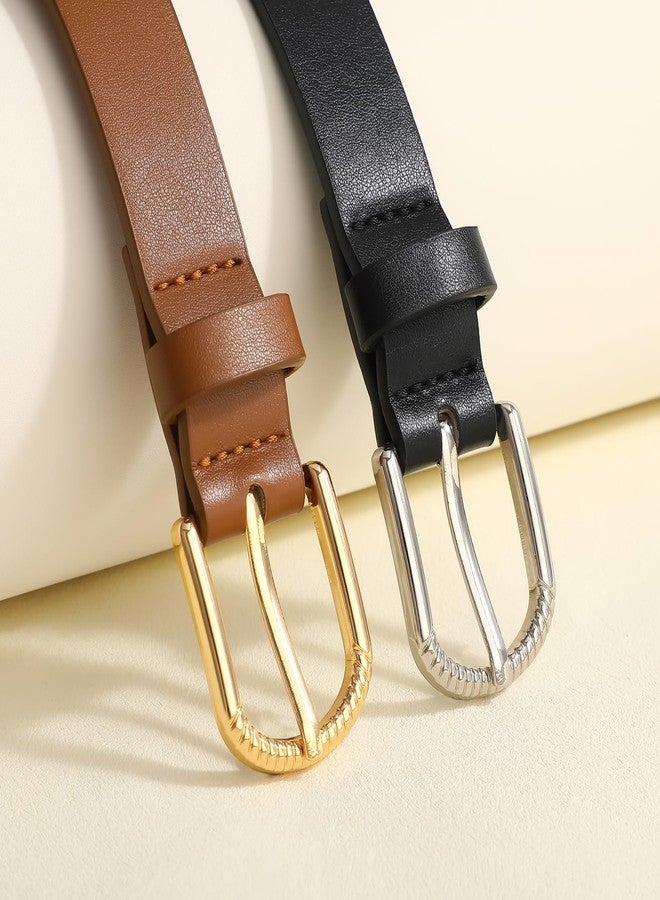 VONMELLI Skinny Leather Belt for Women Brown Studded Thin Belt for Fashion Jeans Dress Ladies Waist Belts, L - Image 5